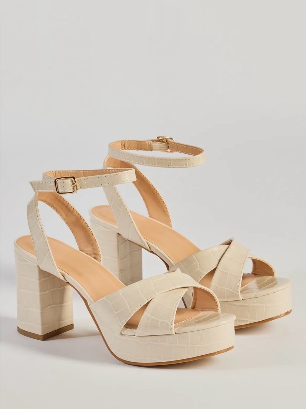 TOP Moda Cream Croc-Texture Criss-Cross Platform Heels with Ankle Strap